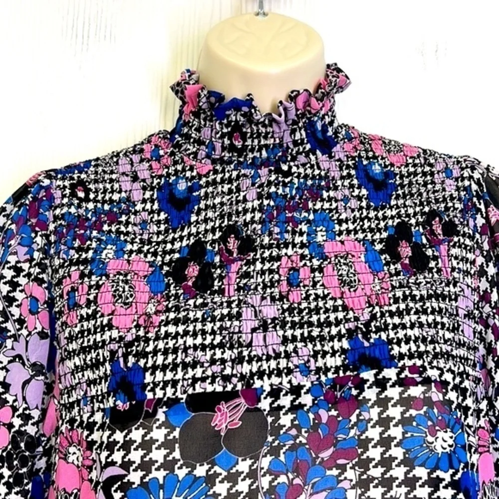 Guess - Colorful Floral Printed Mock Neck Long Sleeve Blouse Size Small